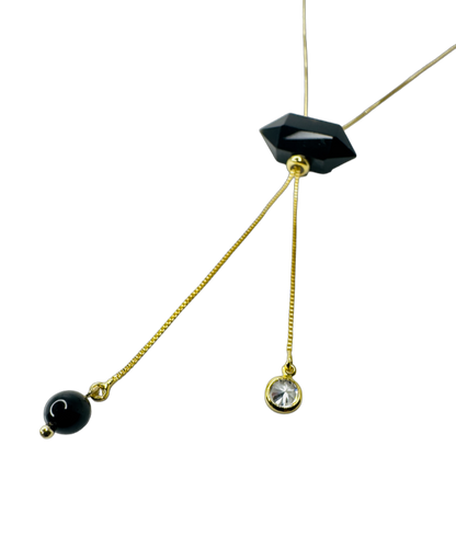 Gold Plated Tie Double Ended Necklace with Two Obsidiana Negra (Black Obsidian) and Zirconia Point of Light