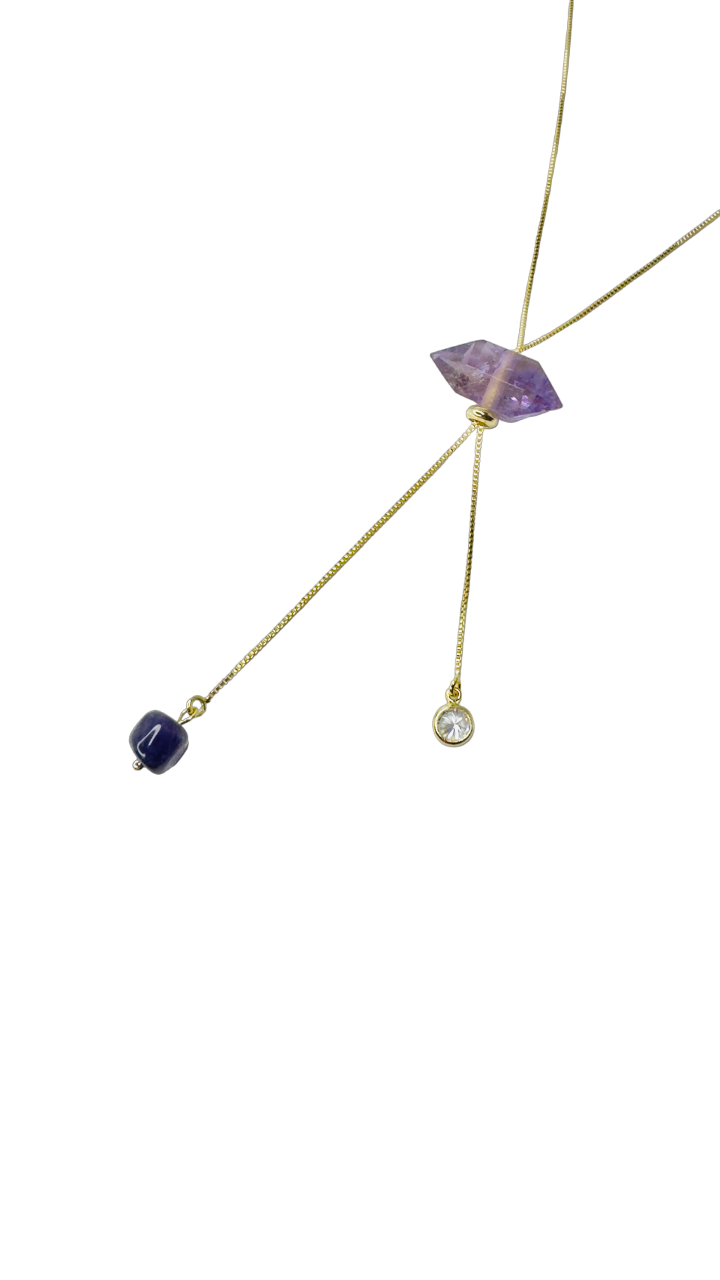 Gold Plated Tie Double Ended Necklace with Two Ametista Stones (Amethyst) and One Zirconia Point of Light