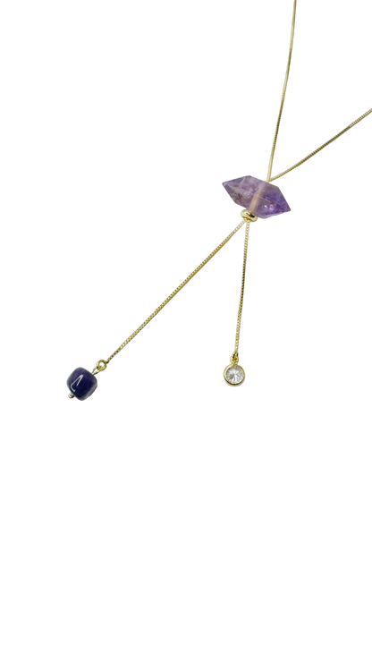 Gold Plated Tie Double Ended Necklace with Two Ametista Stones (Amethyst) and One Zirconia Point of Light