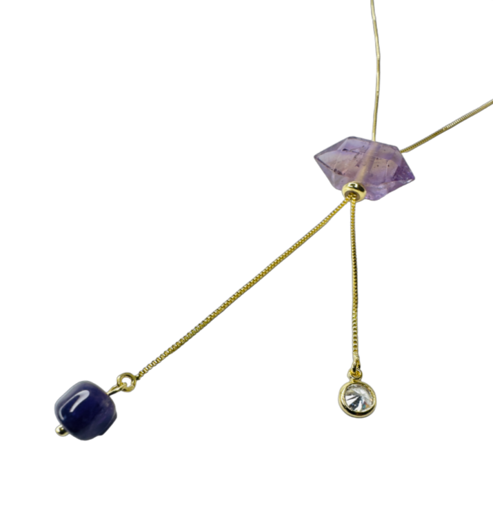 Gold Plated Tie Double Ended Necklace with Two Ametista Stones (Amethyst) and One Zirconia Point of Light