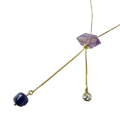 Gold Plated Tie Double Ended Necklace with Two Ametista Stones (Amethyst) and One Zirconia Point of Light