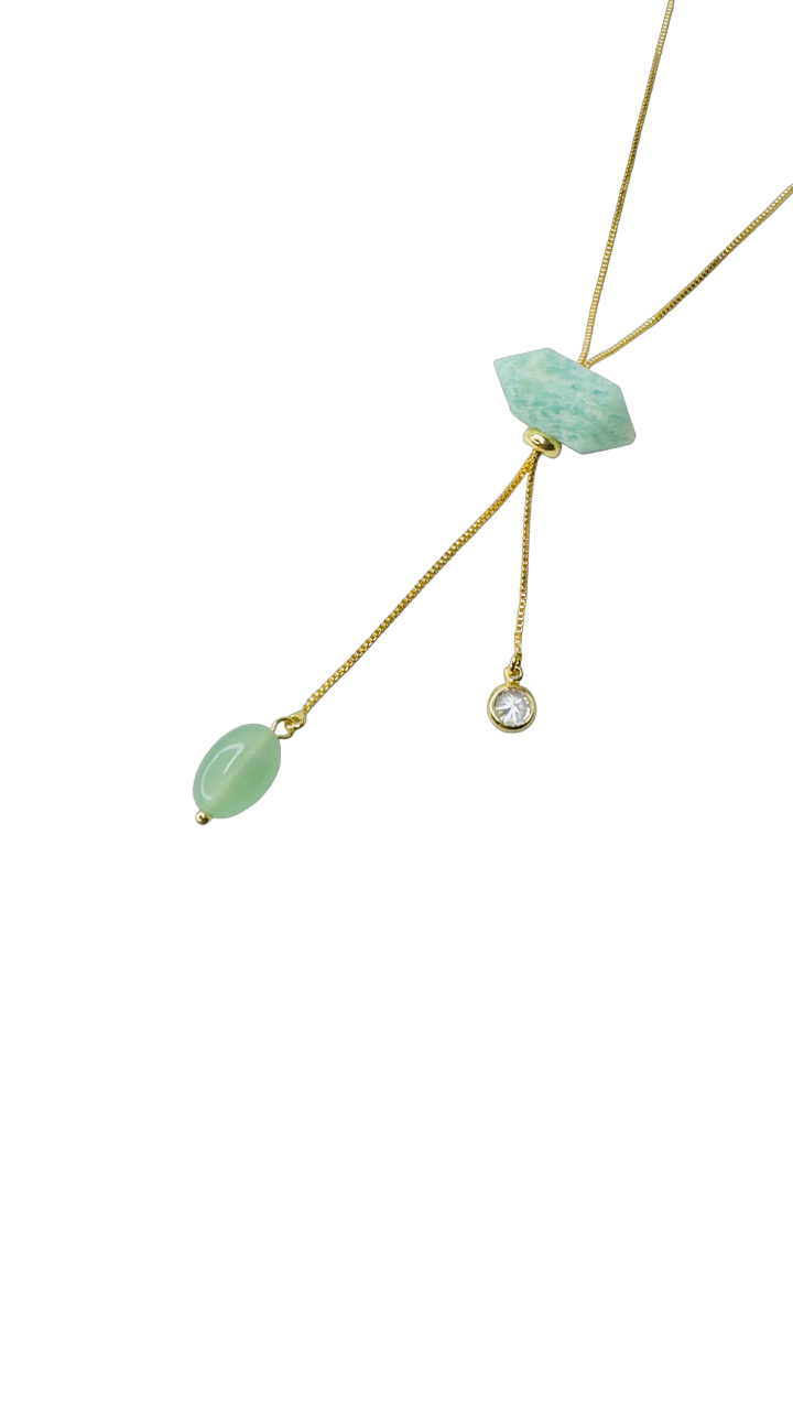 Gold Plated Tie Double Ended Necklace with Amazonita (Amazonite), Quartzo Verde (Green Quartz), and Zirconia Point of Light