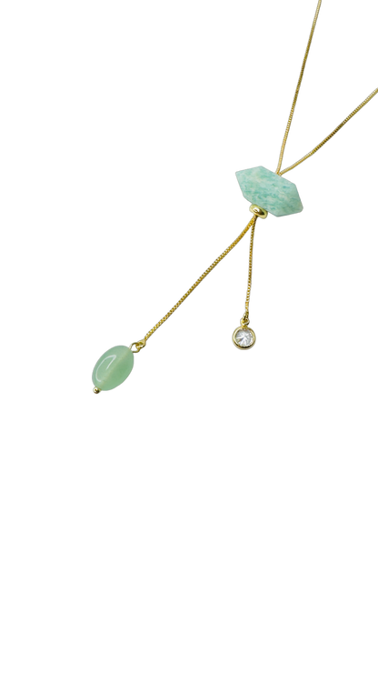 Gold Plated Tie Double Ended Necklace with Amazonita (Amazonite), Quartzo Verde (Green Quartz), and Zirconia Point of Light
