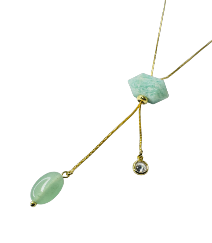 Gold Plated Tie Double Ended Necklace with Amazonita (Amazonite), Quartzo Verde (Green Quartz), and Zirconia Point of Light