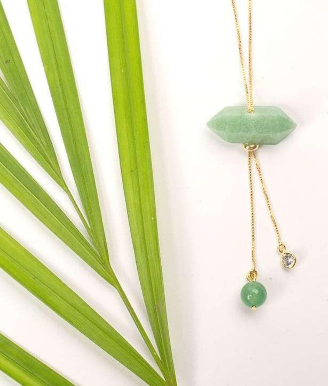 Gold Plated Tie Double Ended Necklace with Amazonita (Amazonite), Quartzo Verde (Green Quartz), and Zirconia Point of Light