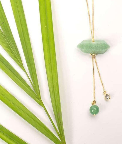 Gold Plated Tie Double Ended Necklace with Amazonita (Amazonite), Quartzo Verde (Green Quartz), and Zirconia Point of Light