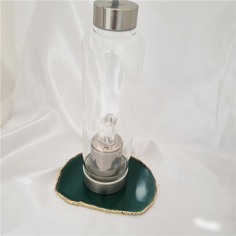 WINE BOTTLE HOLDER GREEN AGATE STONE WITH GOLDEN BORDER (11040033)