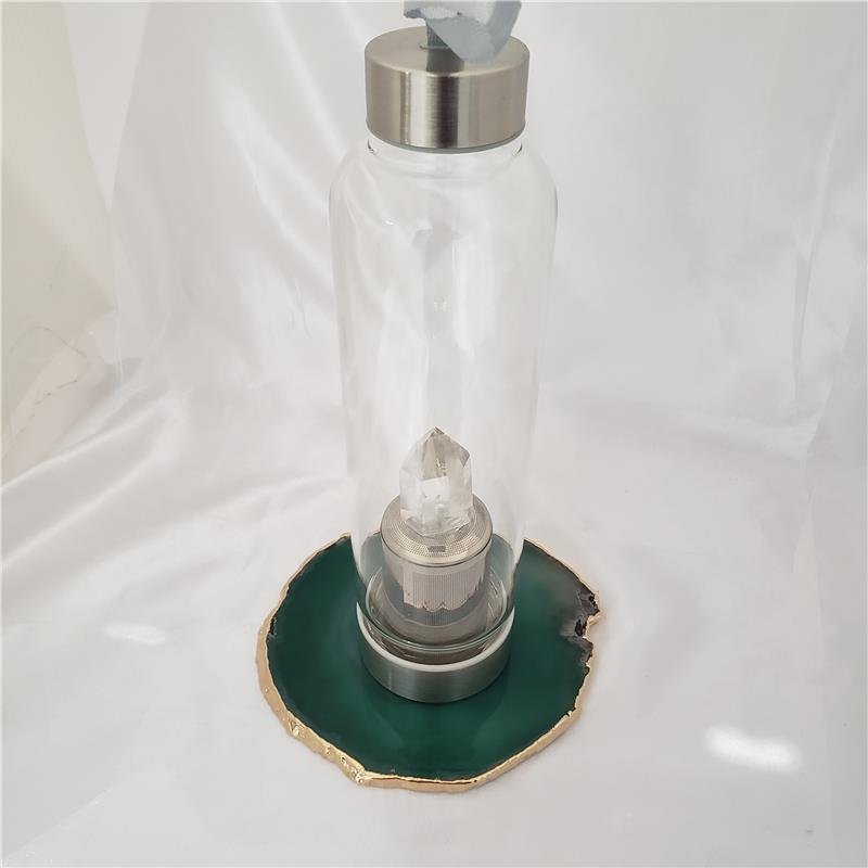 WINE BOTTLE HOLDER GREEN AGATE STONE WITH GOLDEN BORDER (11040033)