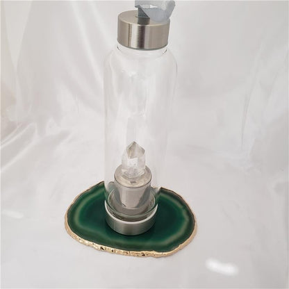 WINE BOTTLE HOLDER GREEN AGATE STONE WITH GOLDEN BORDER (11040033)