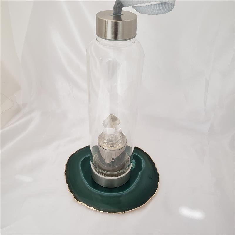 WINE BOTTLE HOLDER GREEN AGATE STONE WITH GOLDEN BORDER (11040033)