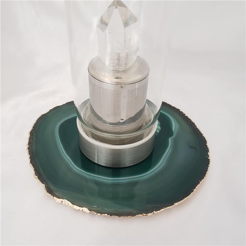 WINE BOTTLE HOLDER GREEN AGATE STONE WITH GOLDEN BORDER (11040033)